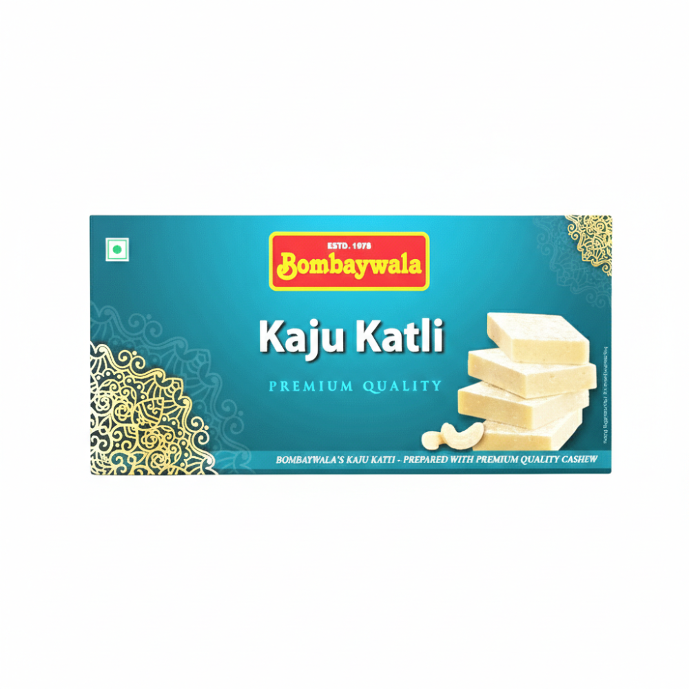 Box of Bombaywala Kaju Katli with a blue background