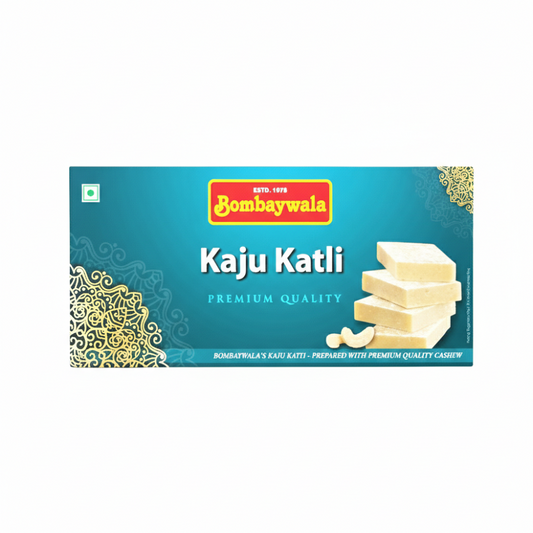 Box of Bombaywala Kaju Katli with a blue background